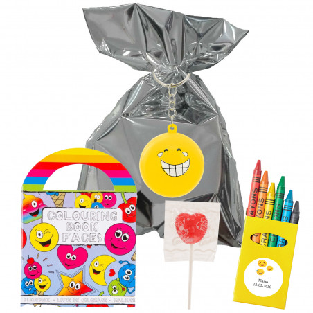 Pacote de emojis temático com livro para colorir chaveiro e doce