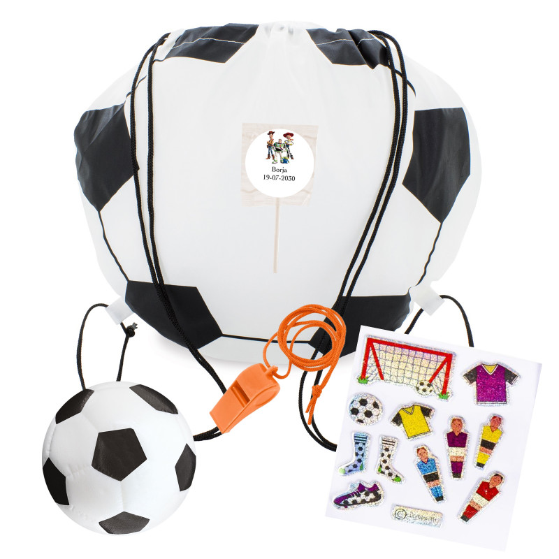 Mochila de futebol toy story com acessórios adesivos e doce