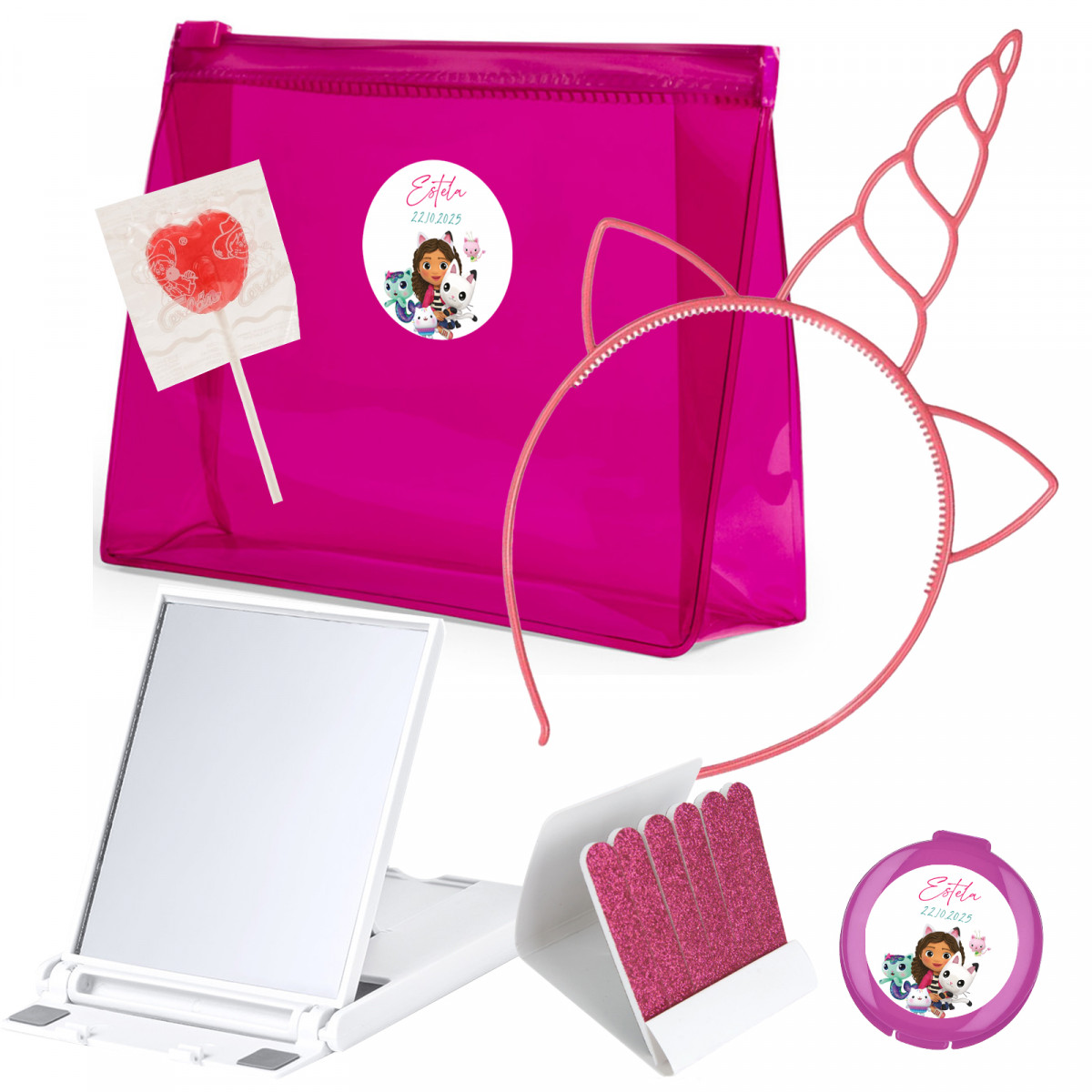 Gabby gato detalhe spa infantil personalizado com necessaire e acessórios
