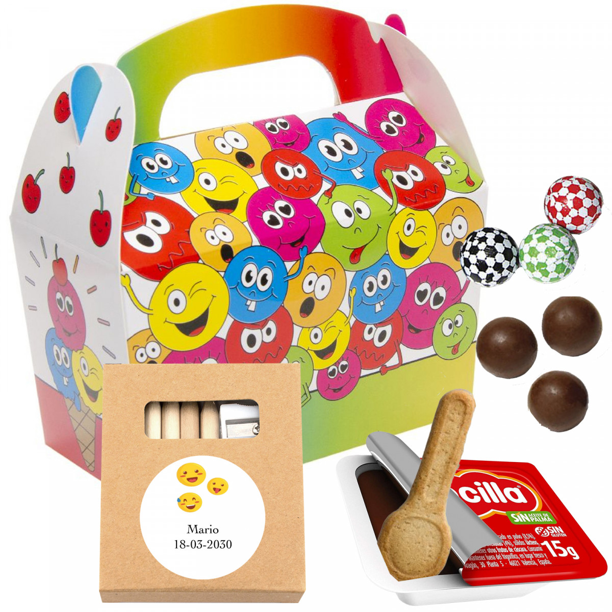 Emojis caixa de presente com detalhe criativo e doces