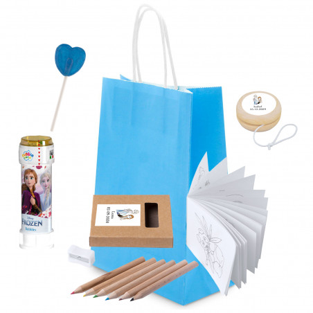 Bolsa azul do Frozen com presentes temáticos infantis
