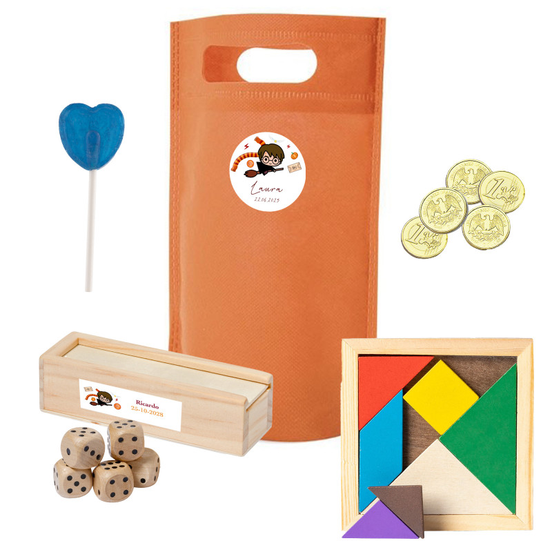 Bolsa Harry Potter com jogos de madeira e doces