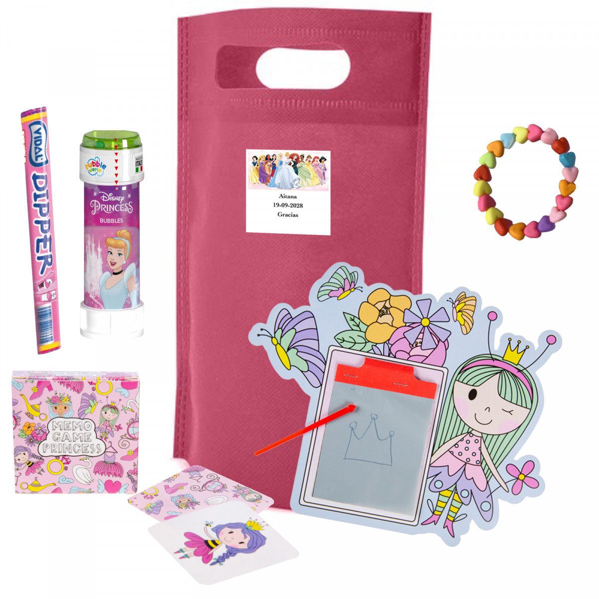 Pacote de princesas com lousa mágica, bolhas e doces