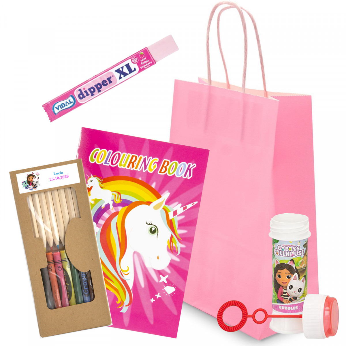 Gabby Gato pack infantil com livro para colorir, bolhas, lápis e giz de cera.