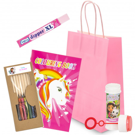 Gabby Gato pack infantil com livro para colorir, bolhas, lápis e giz de cera.