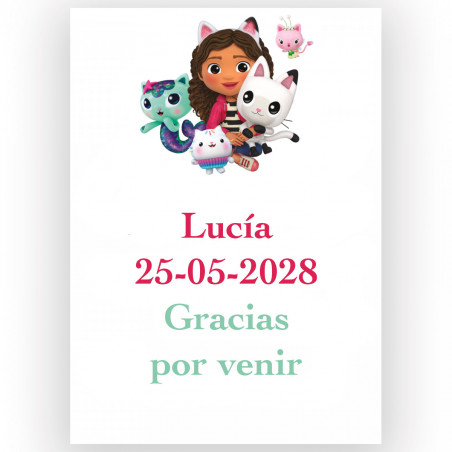 Gabby Gato quadro com giz, bolha, adesivos e tatuagens em bolsa fúcsia