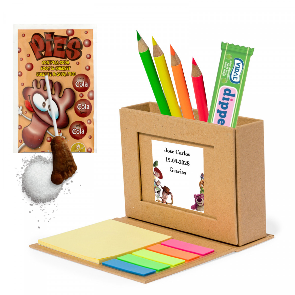 Toy Story detalhe para convidados com lapiseira multifuncional e notas adesivas