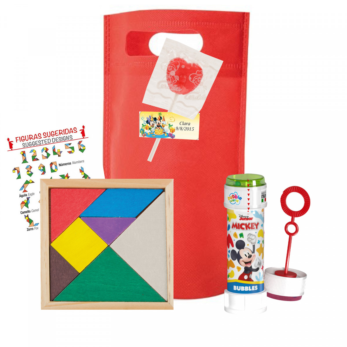Pacote Disney com tangram de madeira, pompero Mickey 60 ml sortido e pirulito coração de morango. Bolsa vermelha non woven