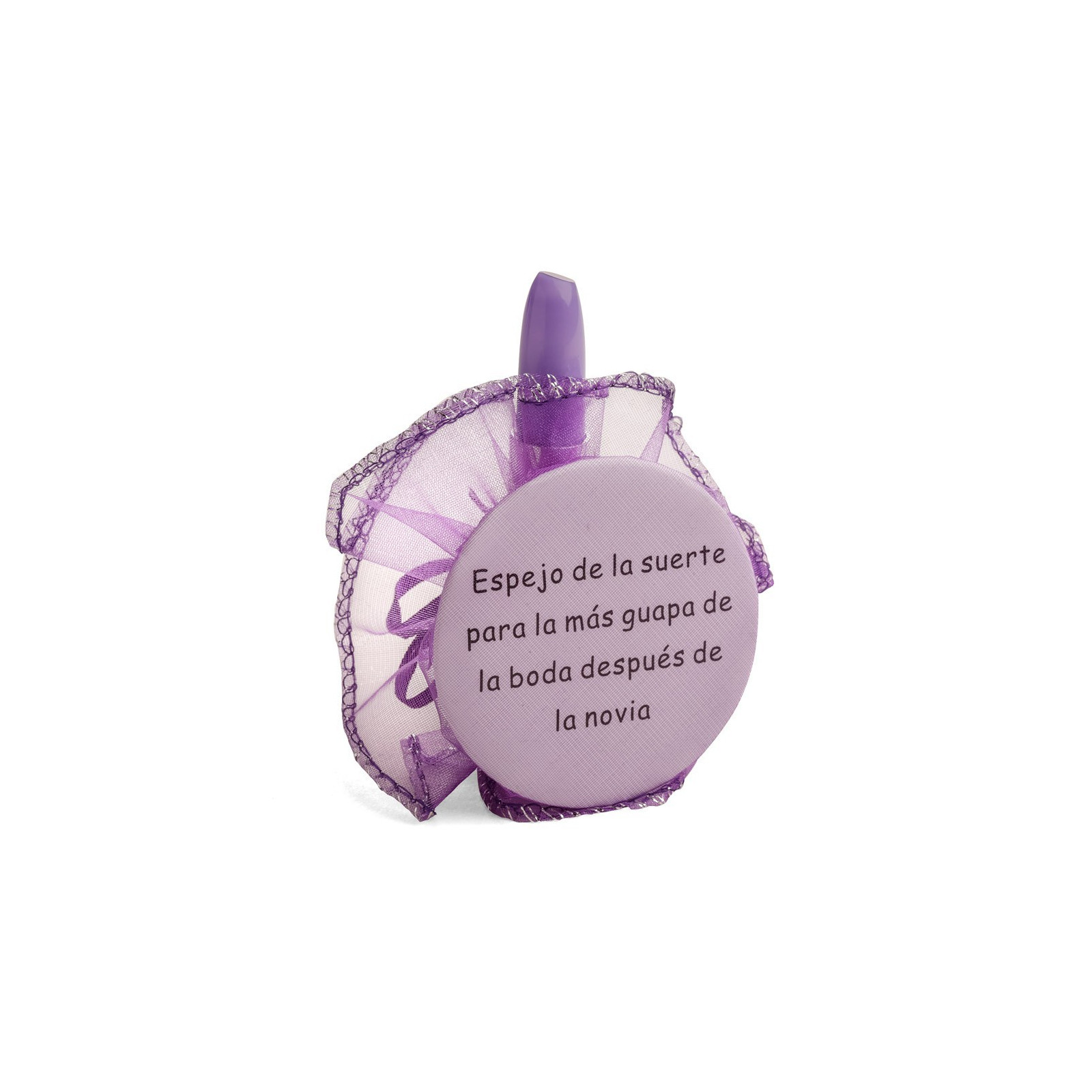 Espelho detalhes de casamento com frase e caneta batom em bolsa de organza