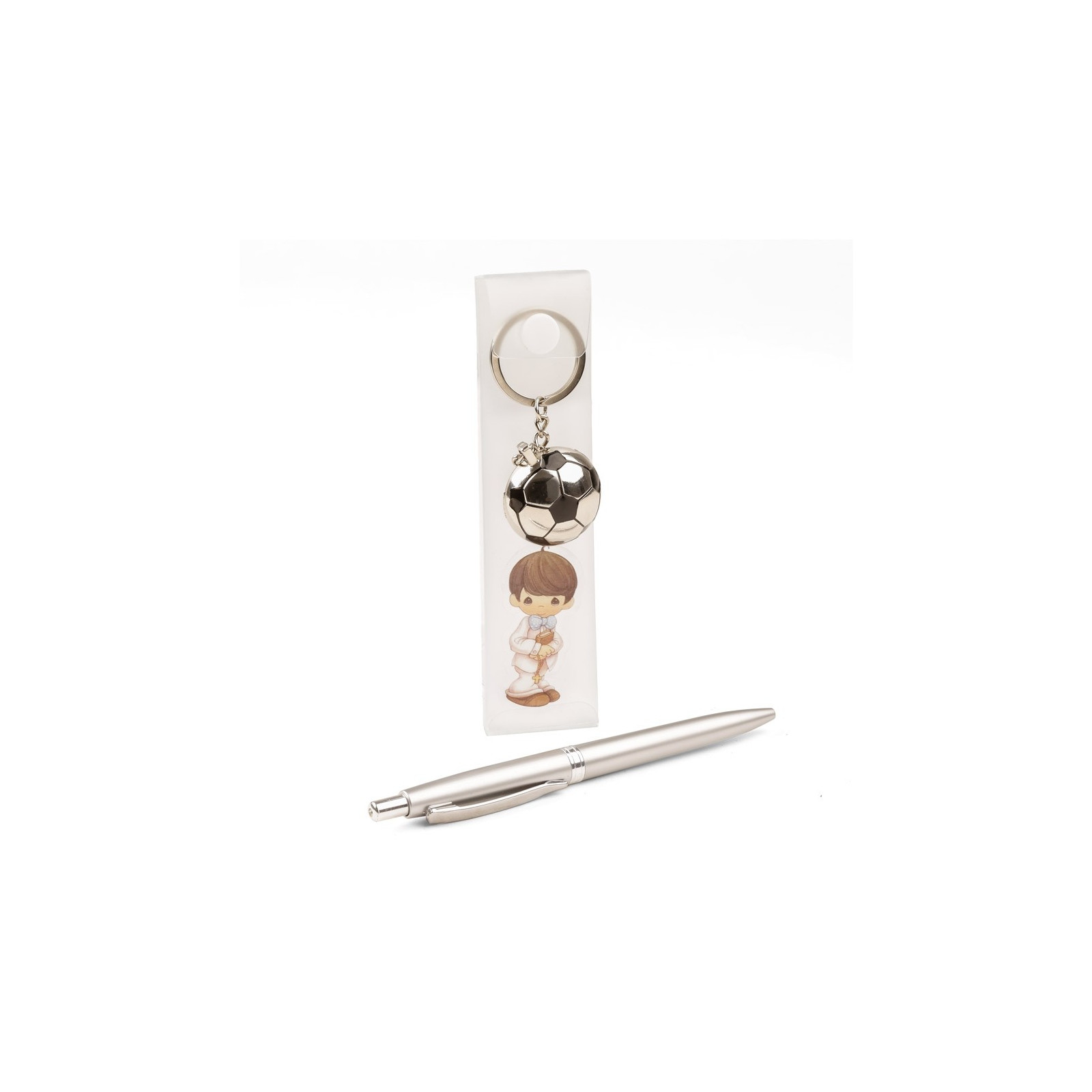 Chaveiro de futebol com caneta de acetato e adesivo para comunhão de menino