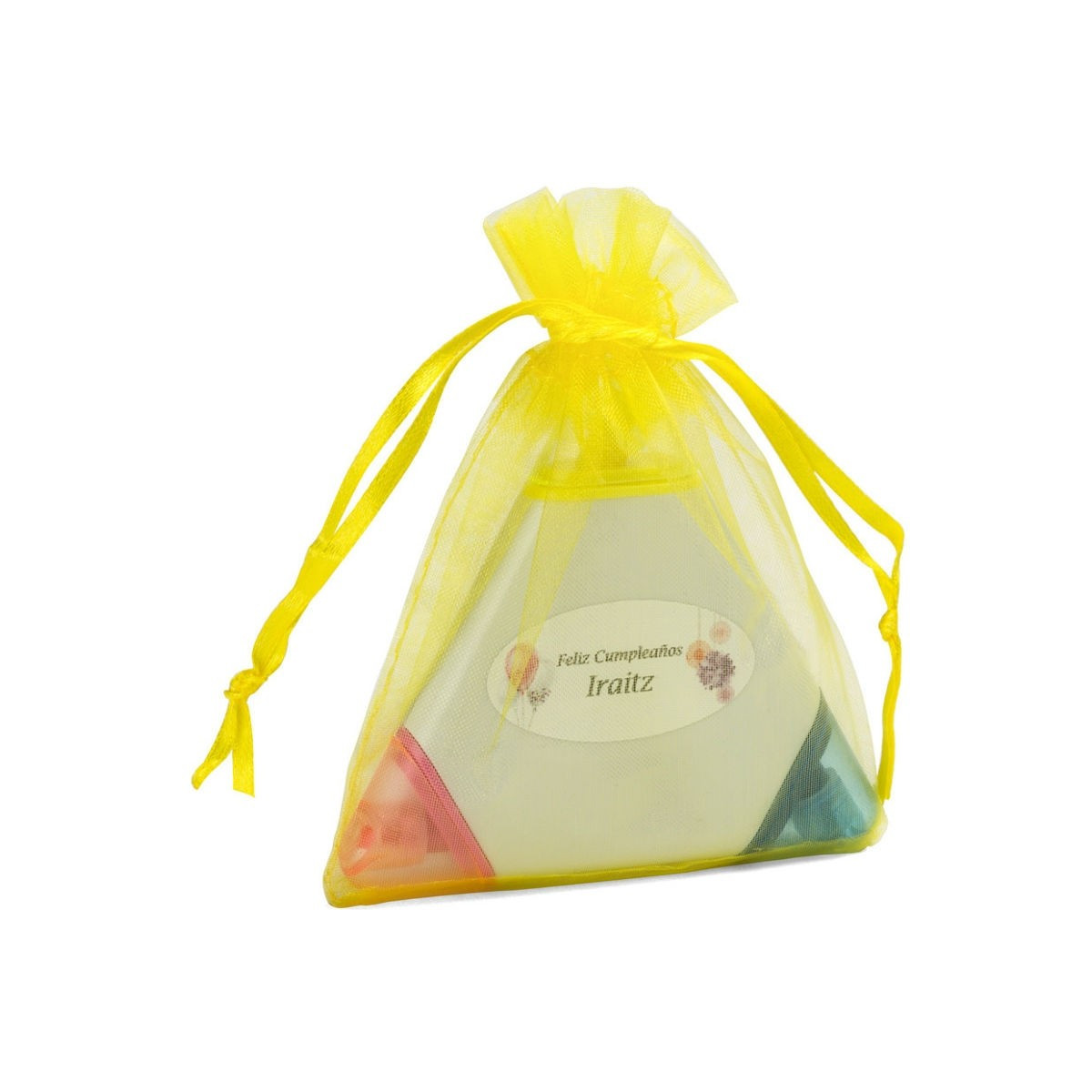 Marcador de página tricolor personalizado com adesivo em saquinho de organza
