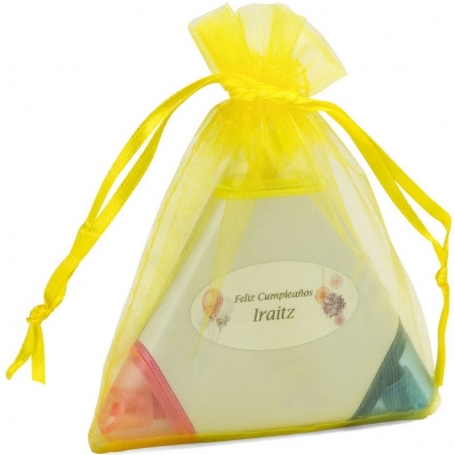 Marcador de página tricolor personalizado com adesivo em saquinho de organza