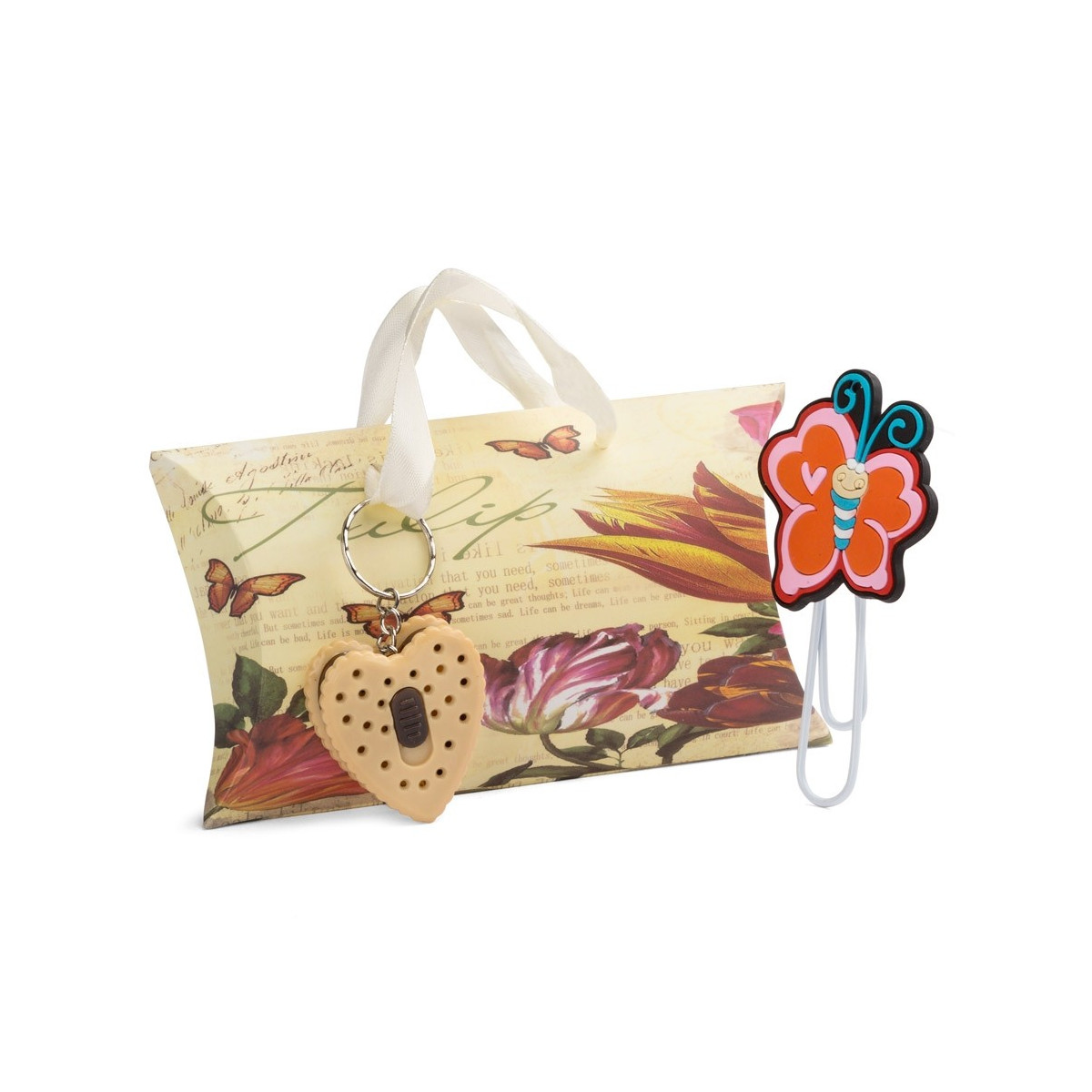 Lanterna chaveiro e marcador de página em caixa de papelão motivo floral