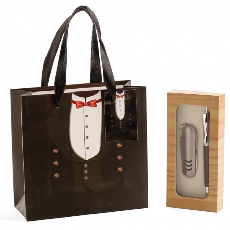Canivete e caneta para casamento apresentados em caixa e bolsa personalizada
