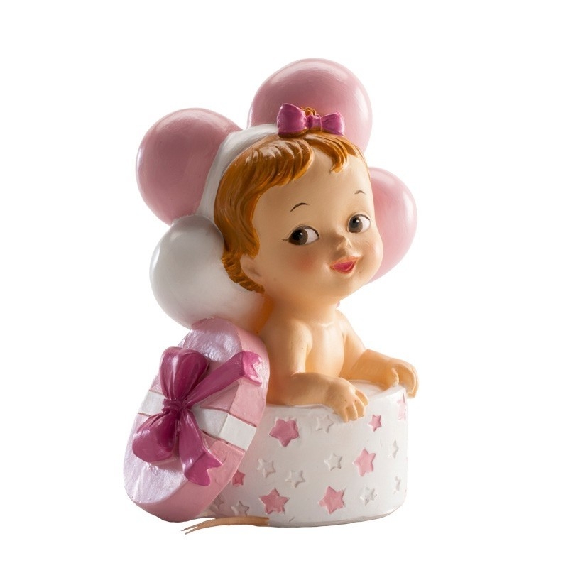 Figura de Bebê em Caixa com Laço Lembrança de Batizado para Menina