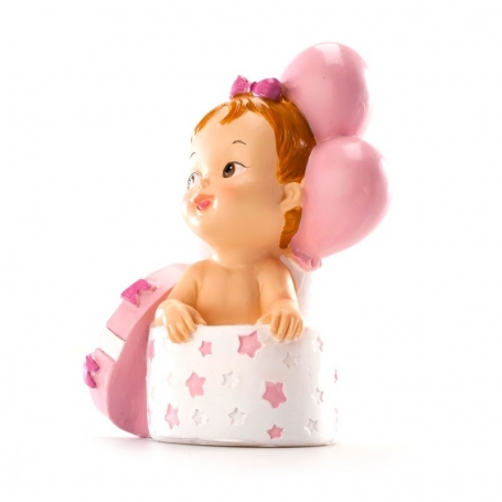 Figura de Bebê em Caixa com Laço Lembrança de Batizado para Menina