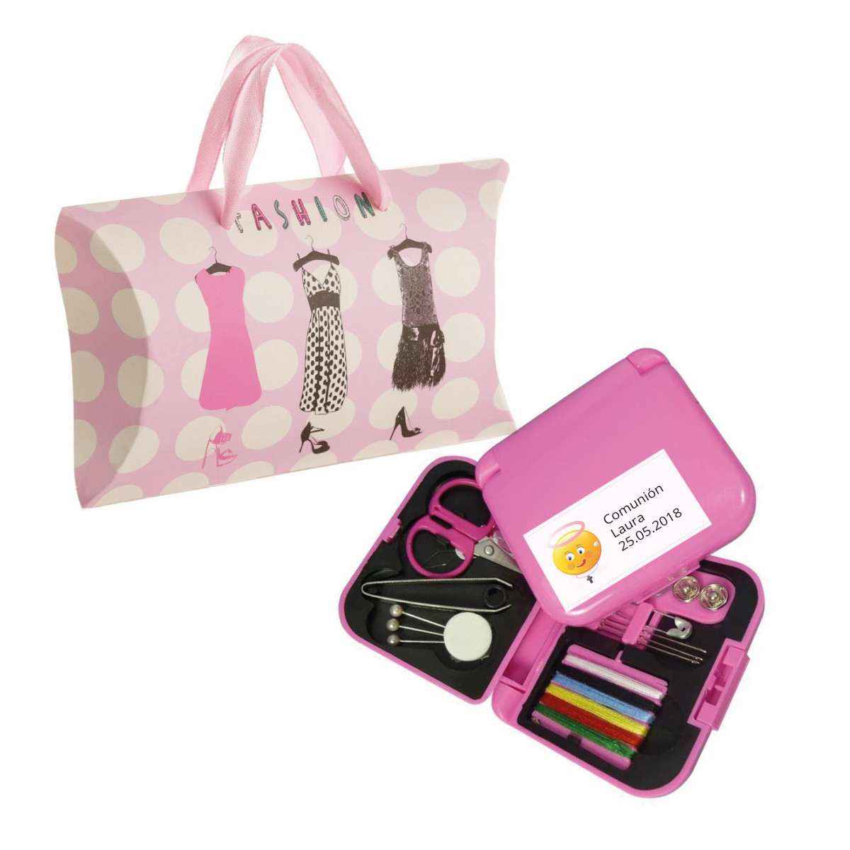 Costureiro de bolso personalizado com adesivo de comunhão em caixa de papelão