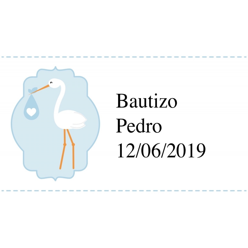 Adesivo de batizado em tom celeste com cegonha